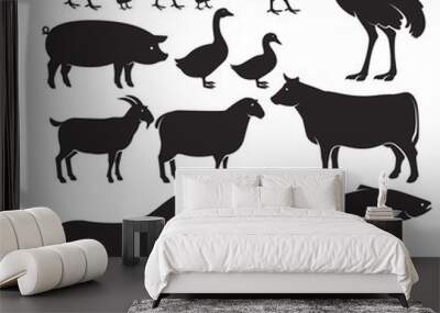 Farm animals silhouette icons. Vector illustrations Wall mural