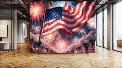 An American Flag is flying and waving over the city with fireworks to celebrate Happy Independence Day Wall mural