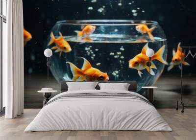 Goldfish swimming in a glass fishbowl underwater with generative AI Wall mural