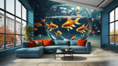 Goldfish swimming in a glass fishbowl underwater with generative AI Wall mural