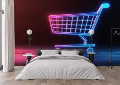 A glowing shopping cart in neon colors against a dark background, symbolizing modern shopping experiences and online retail. Wall mural