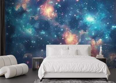 A lone figure stands on a beach, gazing up at a breathtaking night sky filled with vibrant stars and swirling clouds. Wall mural