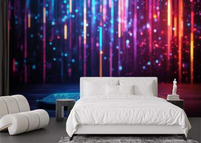 A vibrant abstract scene showcasing colorful light streaks and a glowing platform set against a dark background. Wall mural