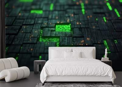 Abstract digital pattern with glowing green elements on a dark background, conveying technology and modernity. Wall mural