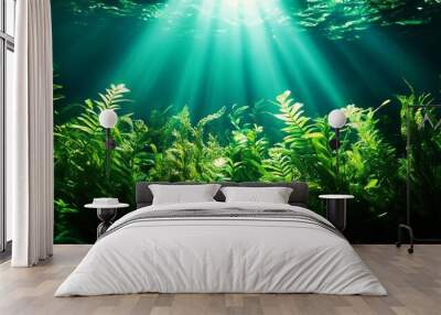 Beneath the water surface, vibrant green plants flourish, illuminated by rays of sunlight, creating a serene underwater scene. Wall mural