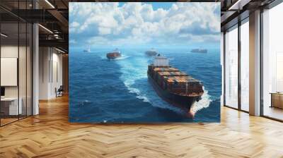 Freight ships navigating through calm ocean waters under a blue sky. Wall mural