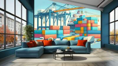 Illustration of colorful cargo containers being loaded and unloaded at a bustling port with ships and trucks. Wall mural