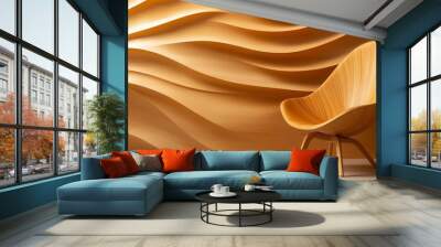 Modern wooden chair against a textured, wavy wood wall. Wall mural