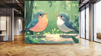 Two colorful birds interacting in a lush, green forest setting. Wall mural