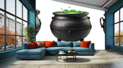 green potion brewing in a black cast iron witch cauldron isolated on transparent background Wall mural