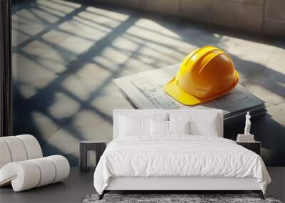 A yellow hard hat sits on architectural blueprints with a pencil Wall mural