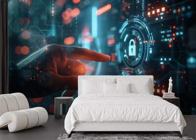 Cybersecurity, privacy, data protection concept. Hand touch Lock icon on modern screen computer network security and financial data with virtual connection, cyber attack privacy business data. Wall mural