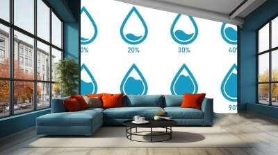 Blue Water droplet Level Gradient Chart Bars Template. 10% to 100% percent number text. Flat Design Interface Illustration infochart infographic elements for ads app ui ux web banner vector Wall mural