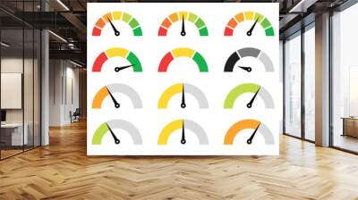 speedometer, gauge meter icons. vector scale, level of performance. speed dial indicator . green and Wall mural