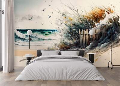 beautiful coast with grass dunes, seaguls and clouds, beach, in the style of water colors, Generative AI Wall mural