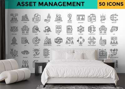 Asset Management icon set with decision making, company, document, client, investor, investment, bank account, wallet, property, digital asset icon. Simple line vector 
 Wall mural