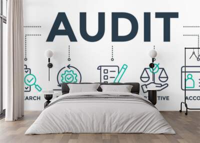 Audit banner web icon concept with icons of standards, research, process, examination, objective, account, and quality. Vector illustration  Wall mural