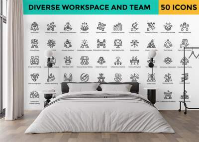 Diverse workspace and team icon set with global team, inclusive discussion, multicultural collaboration, unified team, equality network, collaborative growth icon. Simple line vector 
 Wall mural