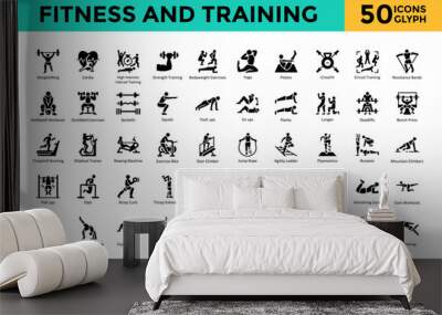 Fitness and Training icon set with weightlifting, cardio, high intensity interval training, strength training, bodyweight exercises, yoga, pilates, crossfit icon. Simple glyph vector 
 Wall mural