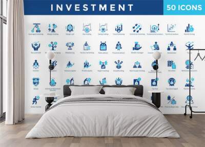 Investment icon set with stockbroker, trader, investor, speculator, venture capital, private equity, angel investing, crowdfunding, peer to peer lending icon. Simple flat vector 
 Wall mural