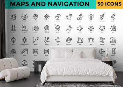 Maps and Navigation icon set with map, navigation, gps, compass, directions, route, path, waypoint, destination, location icon. Simple line vector 
 Wall mural