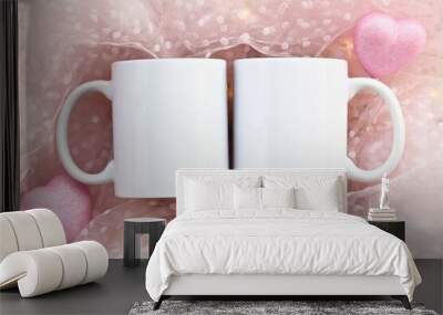 2 White mug on a pink background with heart and lights. Front - Back valentine's day and mother's day mug mock up Wall mural