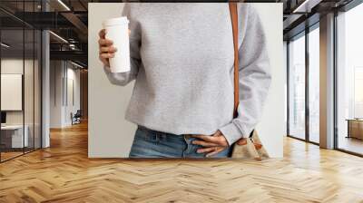 Blank gray sweatshirt mock up isolated. Female wear plain hoodie mockup. Empty hoody design presentation. Grey sweat ready for print. Athletic Heather Gray Sweater t shirt template Wall mural