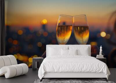 two glasses of wine - City Lights Toast: An Evening of Elegance - Urban Serenade: Toast Above the Skyline Wall mural