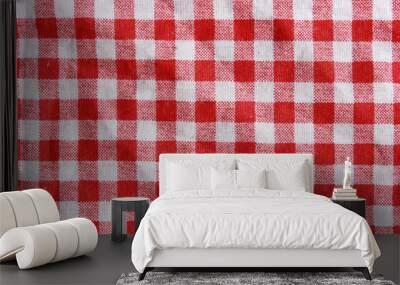 Texture of a red and white checkered picnic blanket. Wall mural