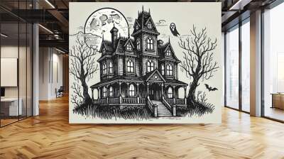 Haunted mansion illustration with spooky details Wall mural