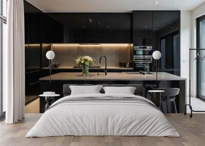 Sleek and modern black kitchen with minimalist design and ambient lighting Wall mural