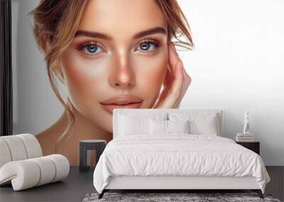 Beautiful female model posing on white background - concept of natural make up or glossy skincare  Wall mural