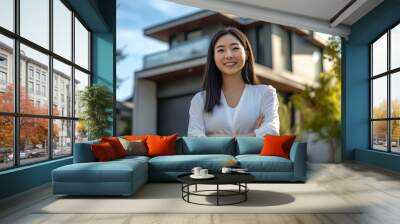 Confident asian real estate female agent outside house Wall mural