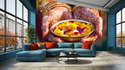 Indian woman with henna drawings on hands holds traditional bowl with petals for celebrate Diwali Wall mural