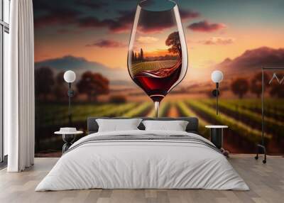 Red Wine Glass with View of Vineyard at Evening  Wall mural