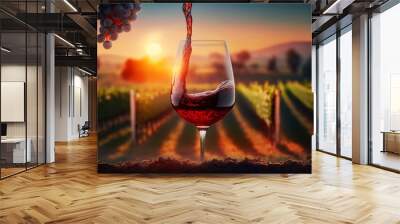 Red wine pouring into glass with a view to vineyard at sunset Wall mural