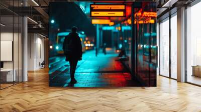 Silhouette of a man walks on a train platform at night Wall mural