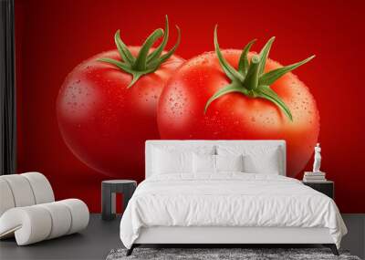 Two ripe tomatoes on red background  Wall mural