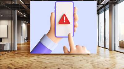 Hand holding phone with attention alert sign, red hazard with exclamation mark symbol, mobile fraud warning, online scam alert, important message. 3d rendering Wall mural