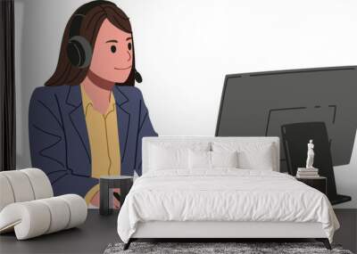 Female call center or support employee with headphone working with computer in the office illustration Wall mural