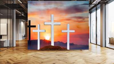 easter background design of three white crosses on watercolor sunrise background in red orange and blue religious christian holiday design Wall mural