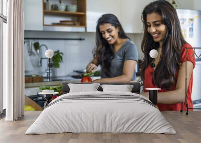 cooking as a family, a mother cooking with her daughter in a cozy modern kitchen Wall mural