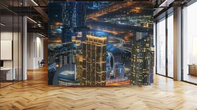 Aerial view of beautiful evening night illuminations scenic view of skyscraper and towers in Dubai. Street night traffic in Dudai skyline. Urban background of Dubai, UAE, United Arab Emirates Wall mural