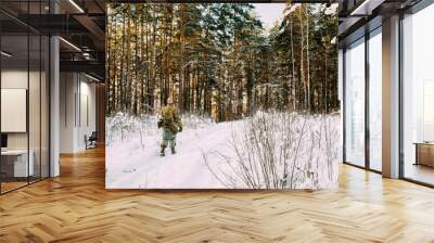 American Medic Soldier Of USA Infantry Of World War II Marching Along Forest Road In winter Day. Wall mural