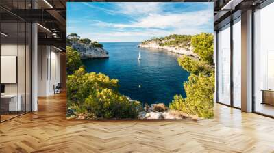 Boat leaves from bay to open sea in Calanques on the azure coast Wall mural