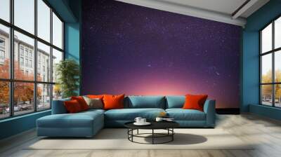 Real Night Sky Stars Background With Natural Colourful Sky Gradient. Sunset, Sunrise Light And Starry Sky. Yellow And Magenta Colors Wall mural