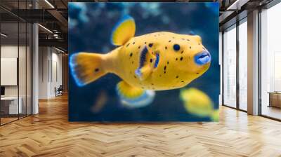 Yellow Blackspotted Puffer Or Dog-faced Puffer Fish Arothron Nigropunctatus Swimming In Water. Wall mural