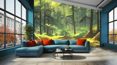 Anime forest landscape nature background. Beautiful trees with yellow green grass in japanese anime style Wall mural