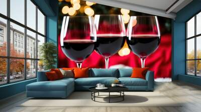 Christmas drink red wine glass with decoration tree. Holiday celebration party with wineglass of winter festive beverage. Generative AI Wall mural