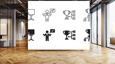 Business goals icon set. Goals and achievement icons set. Business and management icon collection. Vector stock illustration thin line style. Contains symbols of businessman, podium, trophy and reward Wall mural